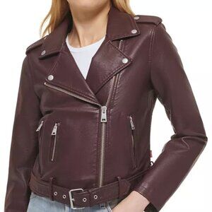 Women's Faux-Leather Belted Hem Moto Jacket XS